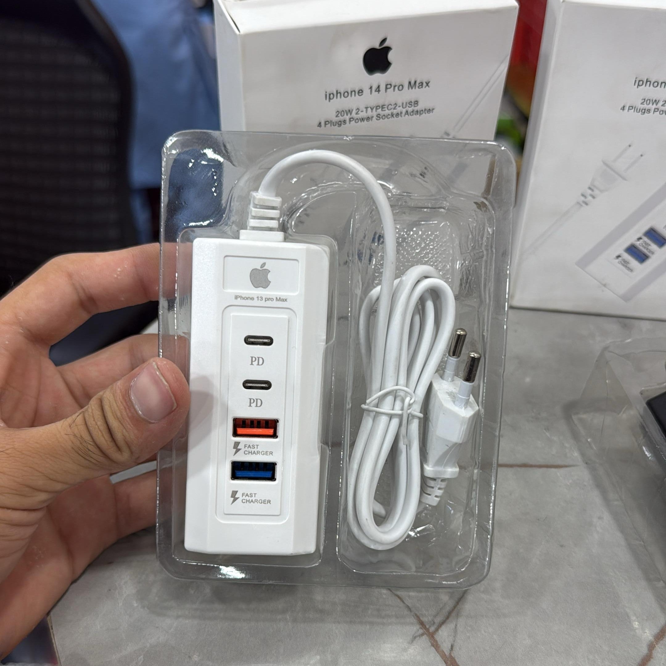 Ultra Compact 4-Port Fast Charger – Dual Type-C + Dual USB | 20W PD Power Hub for iPhone 14/13 Pro Max & All Smart Devices