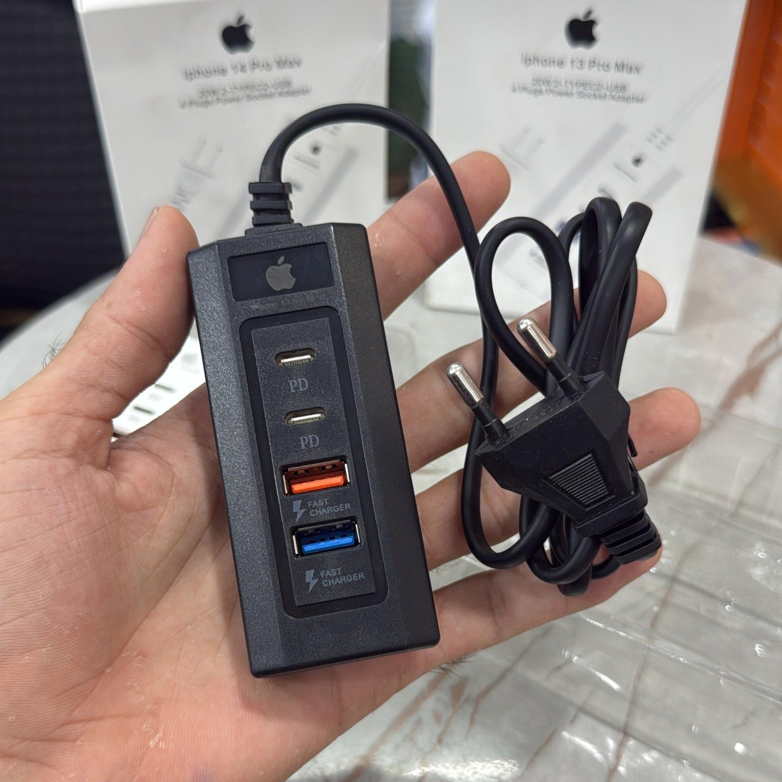 Ultra Compact 4-Port Fast Charger – Dual Type-C + Dual USB | 20W PD Power Hub for iPhone 14/13 Pro Max & All Smart Devices