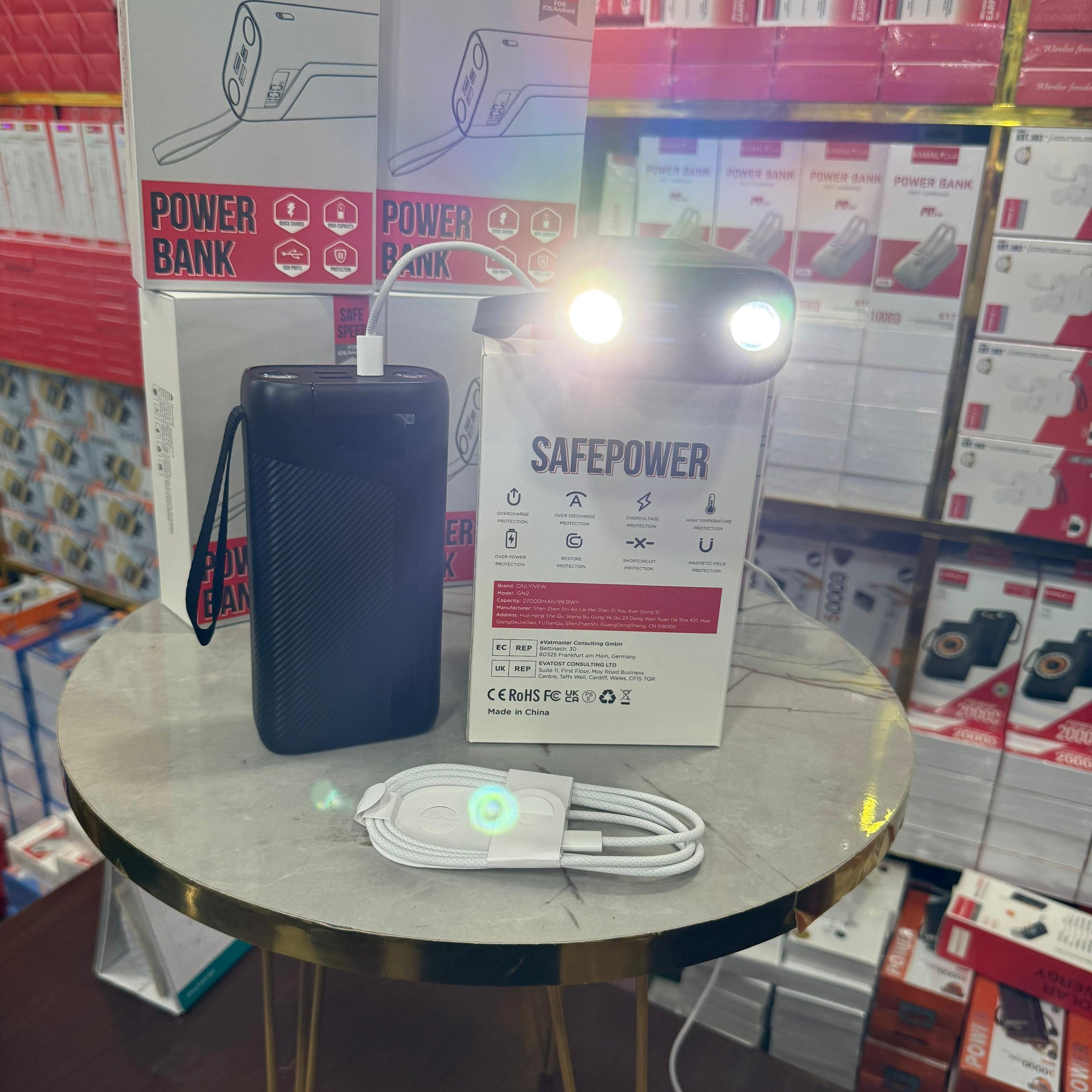 UK Imported 27000mAh Power Bank – Ultra-High Capacity | 6W LED Flashlight | Premium Polymer Battery | FREE 1M Fast Type-C to C Cable – Ideal for Travel, Outdoor & Emergency Power Backup